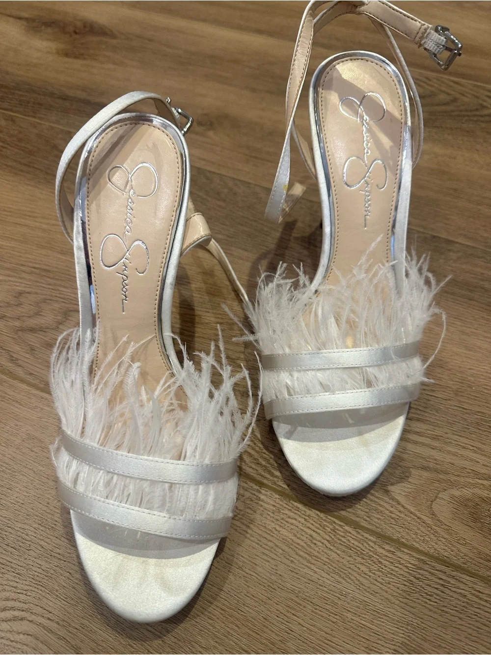 Jessica Simpson Ivory White Satin Feather Ankle Strap Stiletto Heels 10M